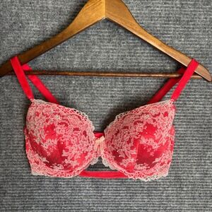 Victorias Secret Dream Angels Lined Demi Bra Red Pink Lace Rhinestone 34DD